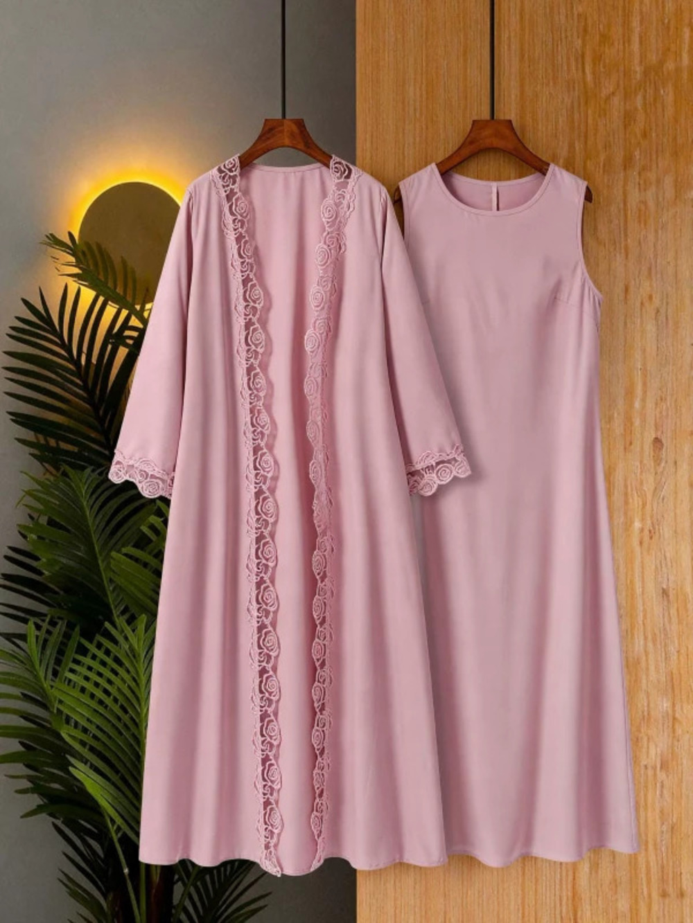 Elegant Long Lace Trimmed Cardigan Headscarf Inner Top 3 Piece Set